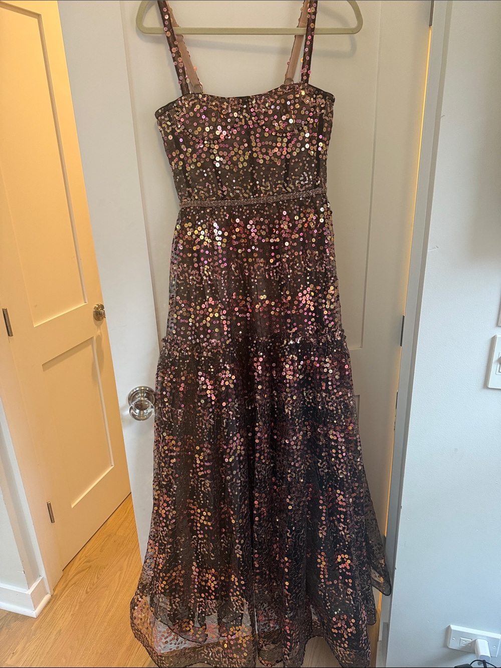 Bronx and Banco Brown Sequin Maxi Dress with Pink and Gold Sequins